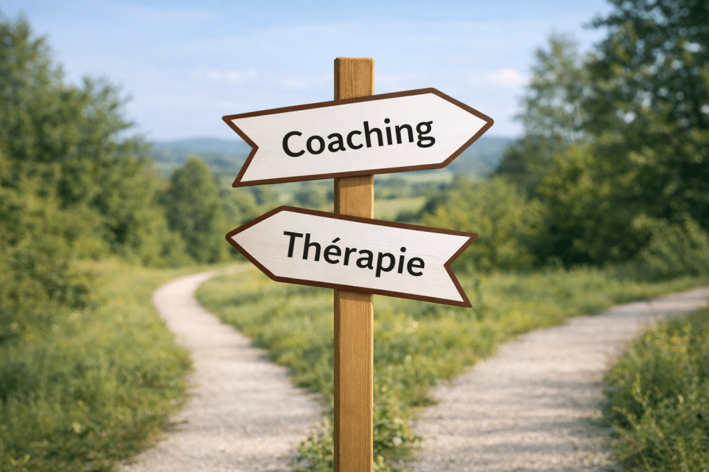Illustration d’un choix d’orientation entre coaching et psychothérapie, symbolisé par un panneau directionnel à une bifurcation.