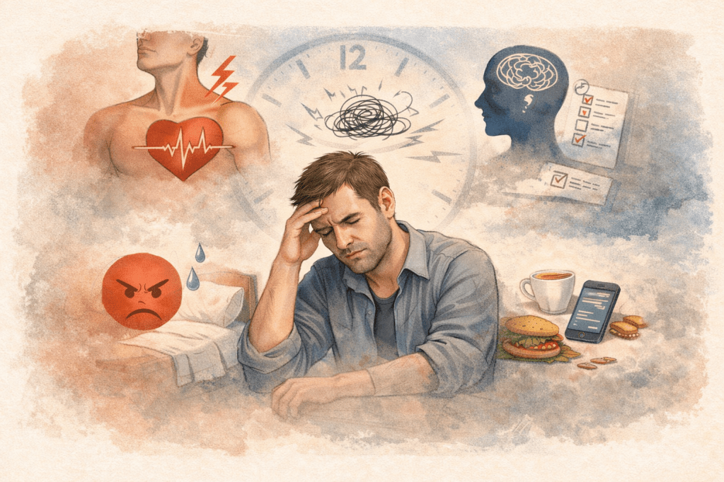 Illustration représentant une personne adulte en situation de stress, entourée de signaux corporels, cognitifs et émotionnels évoquant la fatigue, la surcharge mentale et les tensions liées au stress chronique.
