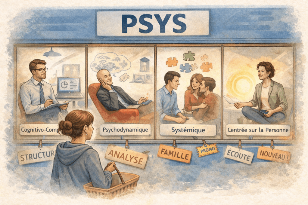 Illustration des différentes approches en psychologie (thérapies cognitivo-comportementales, psychodynamique, systémique, centrée sur la personne), représentant le choix d’un psychologue selon ses besoins.