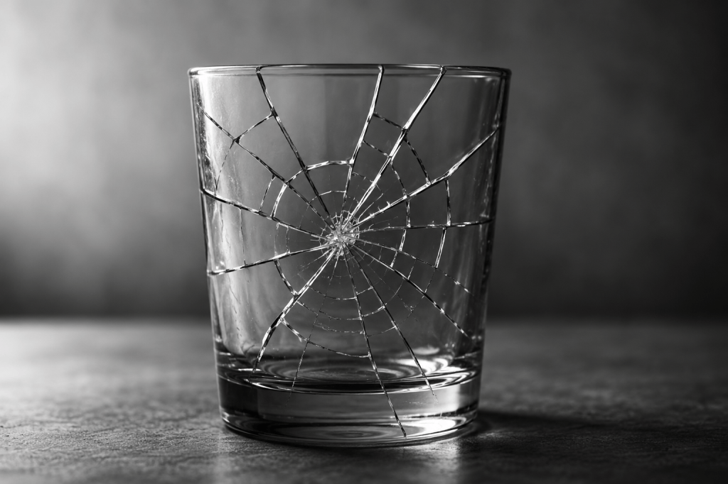 Verre fissuré par un impact central, symbolisant les blessures psychologiques, les expériences difficiles et la possibilité de reconstruire un équilibre durable malgré les épreuves.