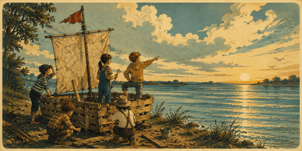 Illustration de la confiance en soi : un groupe d’enfants construit une embarcation et regarde vers l’horizon, symbolisant l’affirmation de soi, la prise d’initiative et la capacité à avancer vers de nouveaux objectifs.