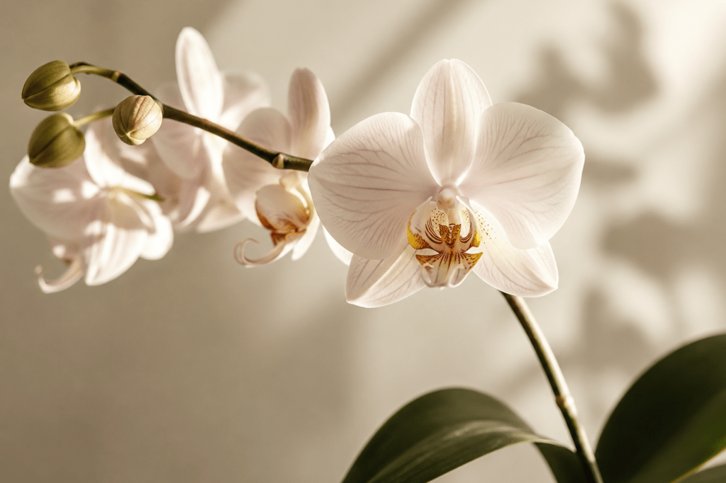 Orchidée blanche éclairée par une lumière douce, illustrant la sensibilité émotionnelle, l'attention aux détails et la richesse des expériences sensorielles.