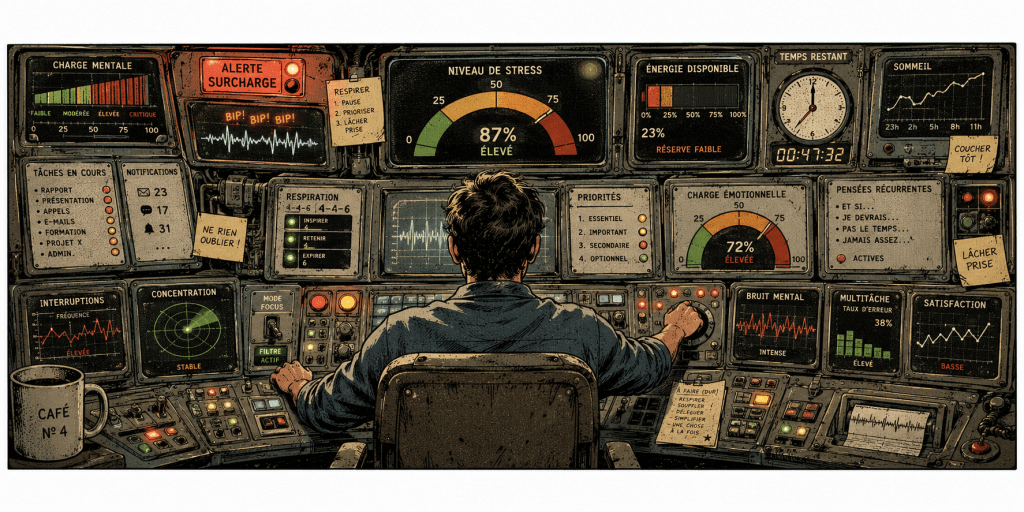Illustration de la surcharge mentale : une personne assise devant un tableau de bord saturé d'indicateurs de stress, d'alertes, de tâches, de pensées récurrentes et de fatigue, symbolisant le stress chronique, l'épuisement et la difficulté à retrouver un équilibre.